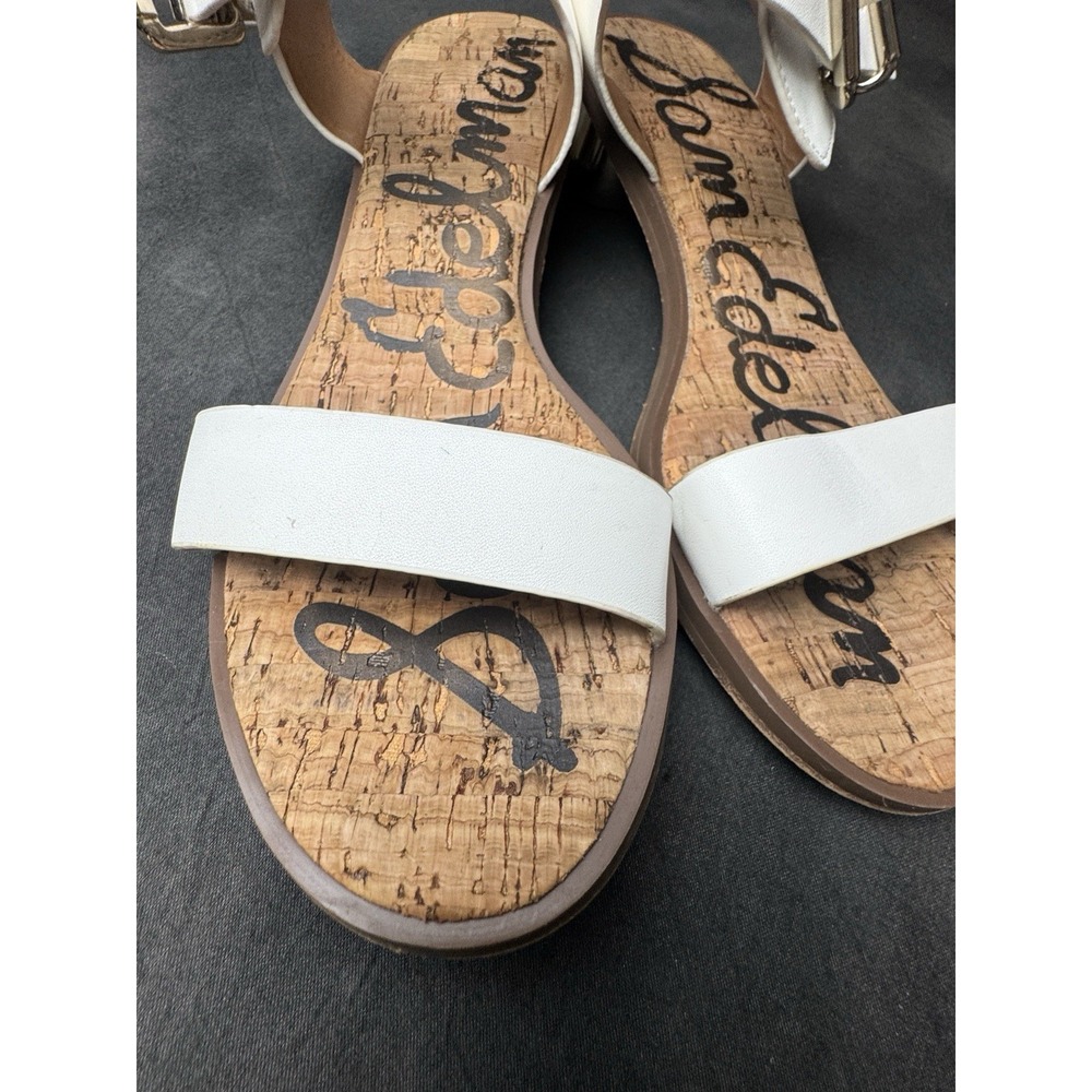 Sam Edelman White Leather Cork Sandals Gold Block Heel Buckle Strap Women's 7.5 - Picture 5 of 13